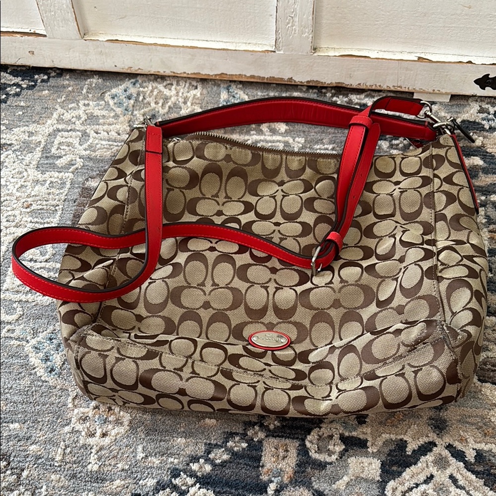 Coach Brown and Red Signature Shoulder Bag